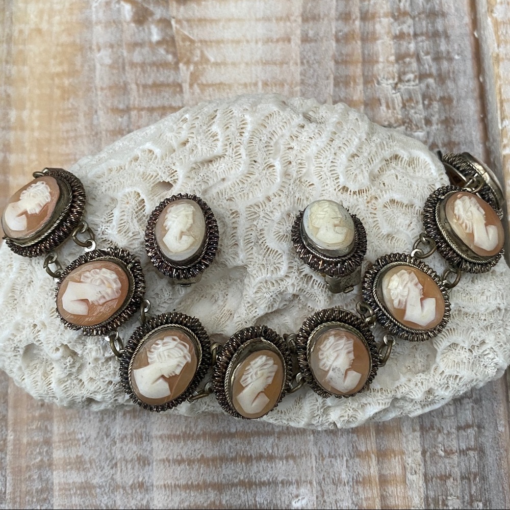 Vintage GM Giuliano Fratti Milan 800 Silver Cameo Link Bracelet Clip Earrings